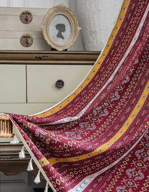 Red Pattern Striped Cotton Linen Curtains - Islinen