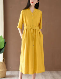 Relaxed Fit Boho Belted Cotton Linen Midi Shirt Dress