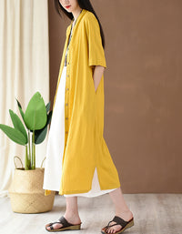 Relaxed Fit Boho Belted Cotton Linen Midi Shirt Dress