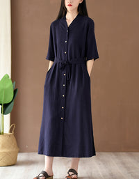 Relaxed Fit Boho Belted Cotton Linen Midi Shirt Dress