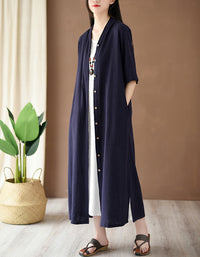 Relaxed Fit Boho Belted Cotton Linen Midi Shirt Dress