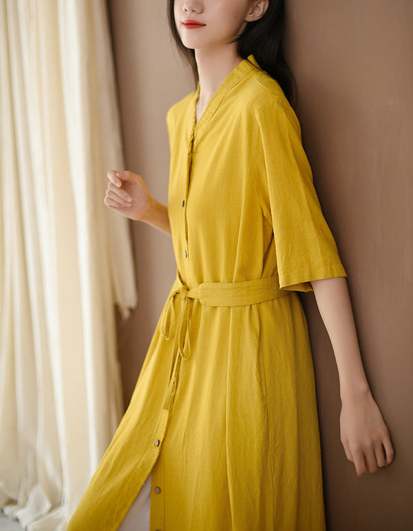 Relaxed Fit Boho Belted Cotton Linen Midi Shirt Dress
