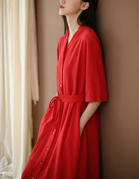 Relaxed Fit Boho Belted Cotton Linen Midi Shirt Dress