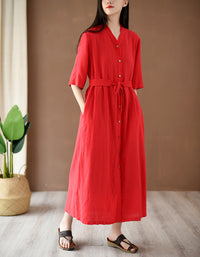 Relaxed Fit Boho Belted Cotton Linen Midi Shirt Dress