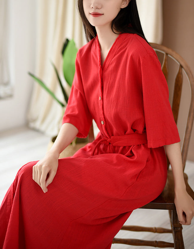 Relaxed Fit Boho Belted Cotton Linen Midi Shirt Dress