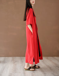 Relaxed Fit Boho Belted Cotton Linen Midi Shirt Dress
