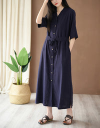 Relaxed Fit Boho Belted Cotton Linen Midi Shirt Dress