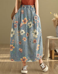 Relaxed Fit Casual Floral Maxi Denim Skirt
