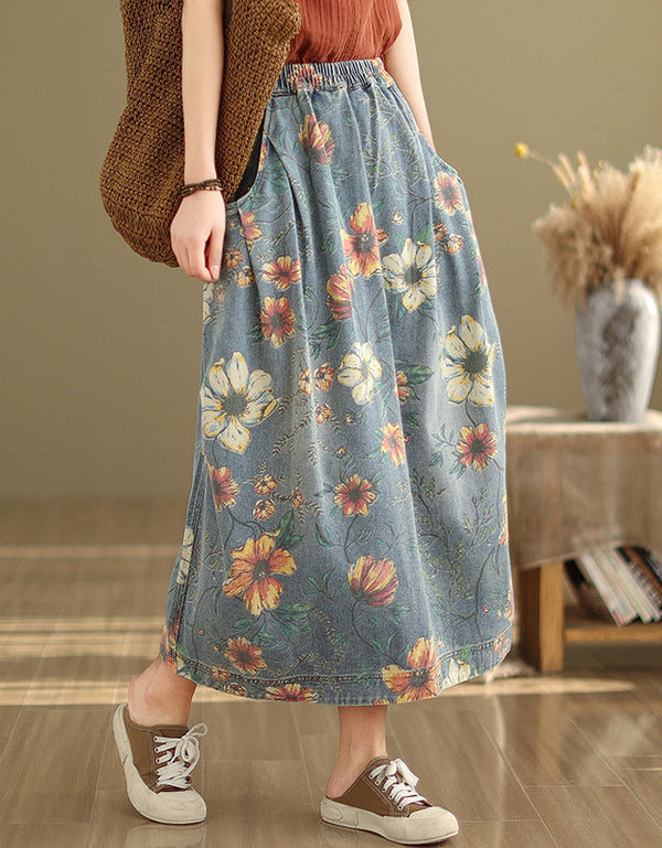 Relaxed Fit Casual Floral Maxi Denim Skirt