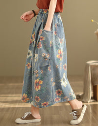 Relaxed Fit Casual Floral Maxi Denim Skirt