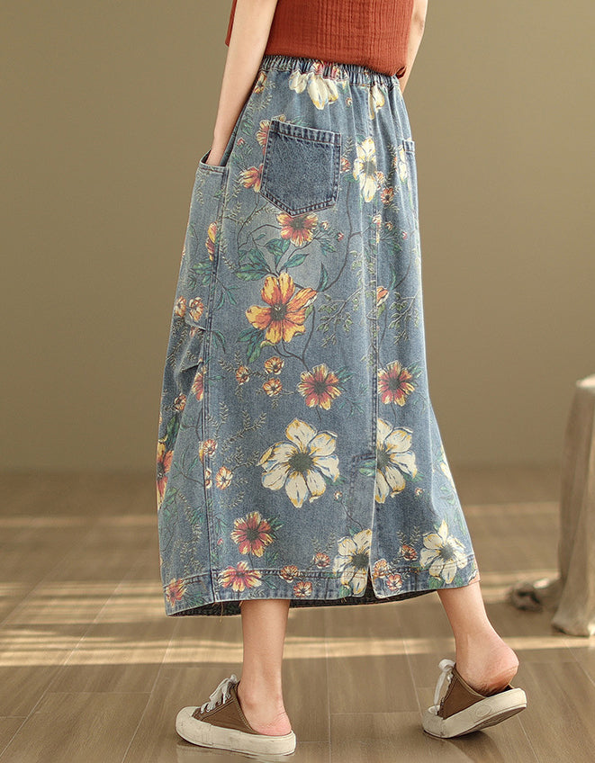Relaxed Fit Casual Floral Maxi Denim Skirt