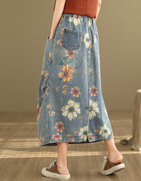 Relaxed Fit Casual Floral Maxi Denim Skirt