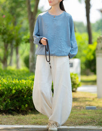 Relaxed Fit Elegant Buttoned Ramie Linen Blouse