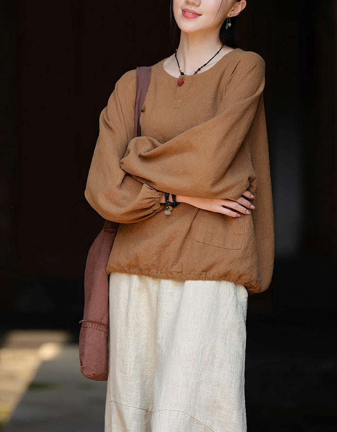Relaxed Fit Elegant Buttoned Ramie Linen Blouse