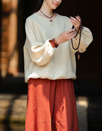 Relaxed Fit Elegant Buttoned Ramie Linen Blouse