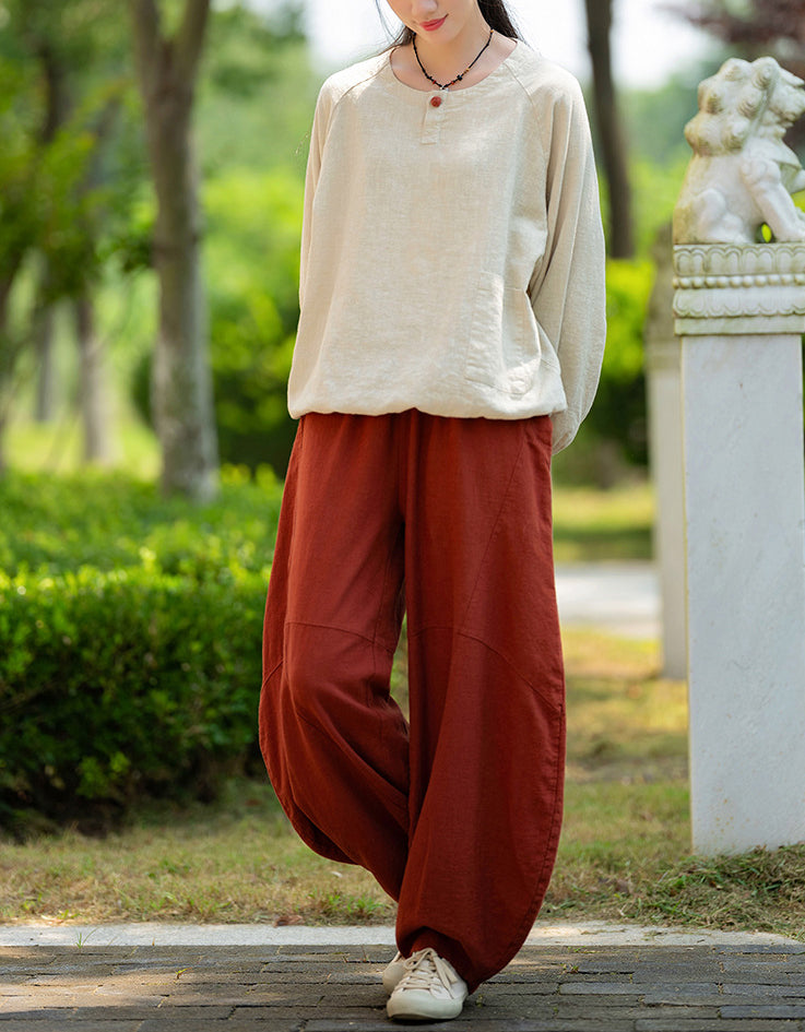 Relaxed Fit Elegant Buttoned Ramie Linen Blouse