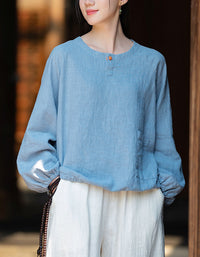 Relaxed Fit Elegant Buttoned Ramie Linen Blouse