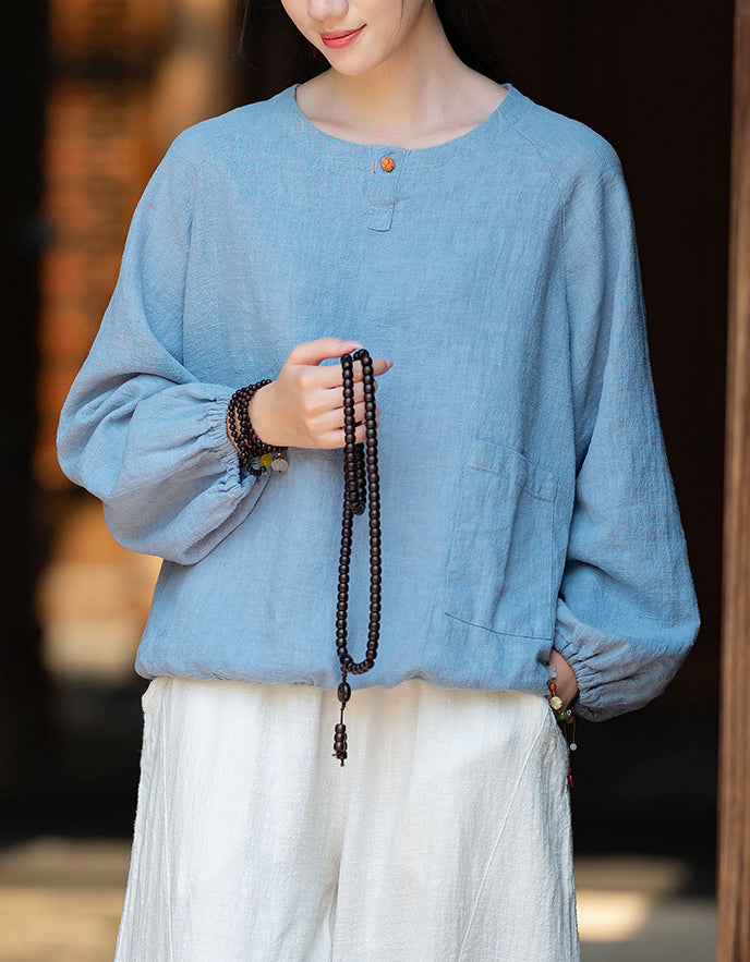 Relaxed Fit Elegant Buttoned Ramie Linen Blouse