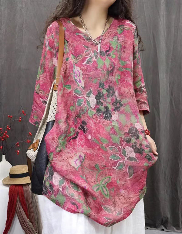 Summer Floral Cotton Linen Loose Tunic Shirt Dress