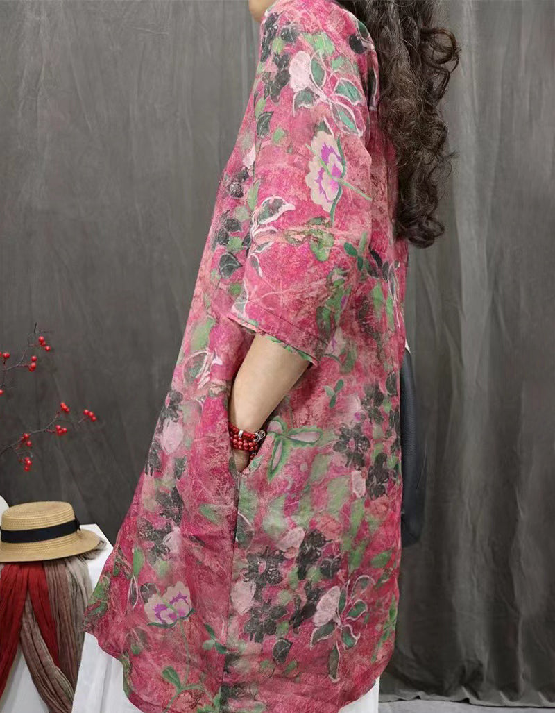 Relaxed Fit Floral Cotton Linen Tunic Shirt