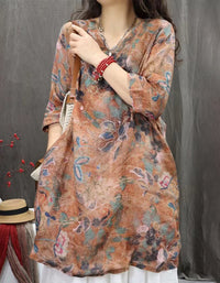 Relaxed Fit Floral Cotton Linen Tunic Shirt