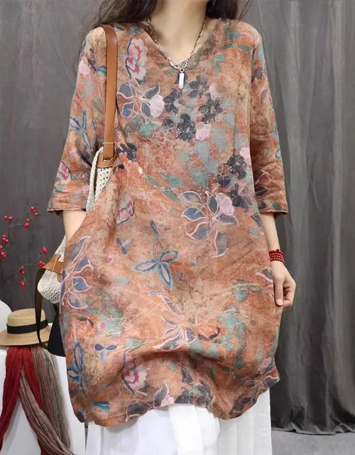 Summer Floral Cotton Linen Loose Tunic Shirt Dress - Islinen