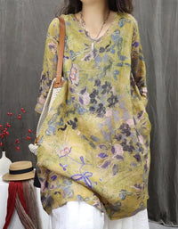 Relaxed Fit Floral Cotton Linen Tunic Shirt