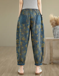 Relaxed Fit Floral Embroidery Denim Harem Pants