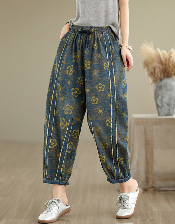 Relaxed Fit Floral Embroidery Denim Harem Pants