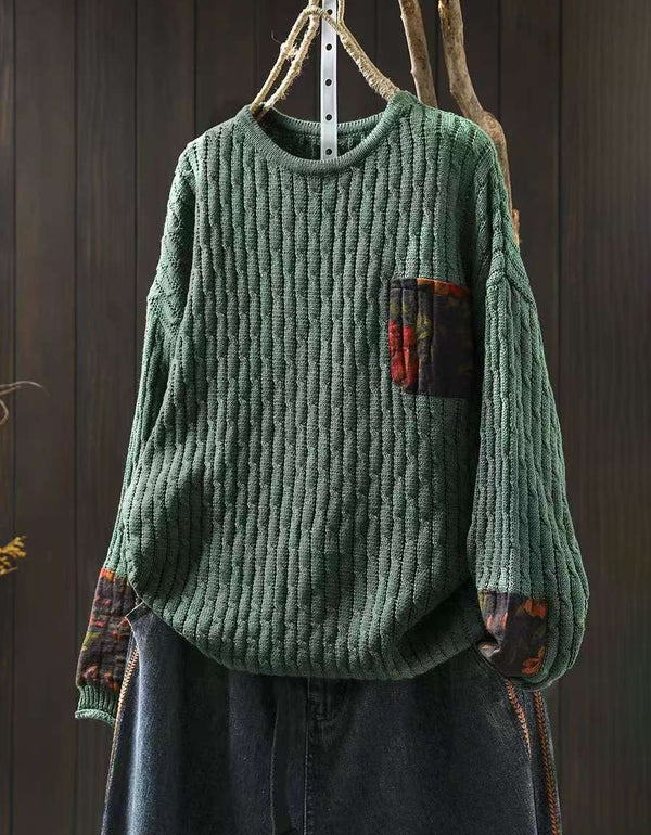 Relaxed Fit Floral Pocket Knit Sweater