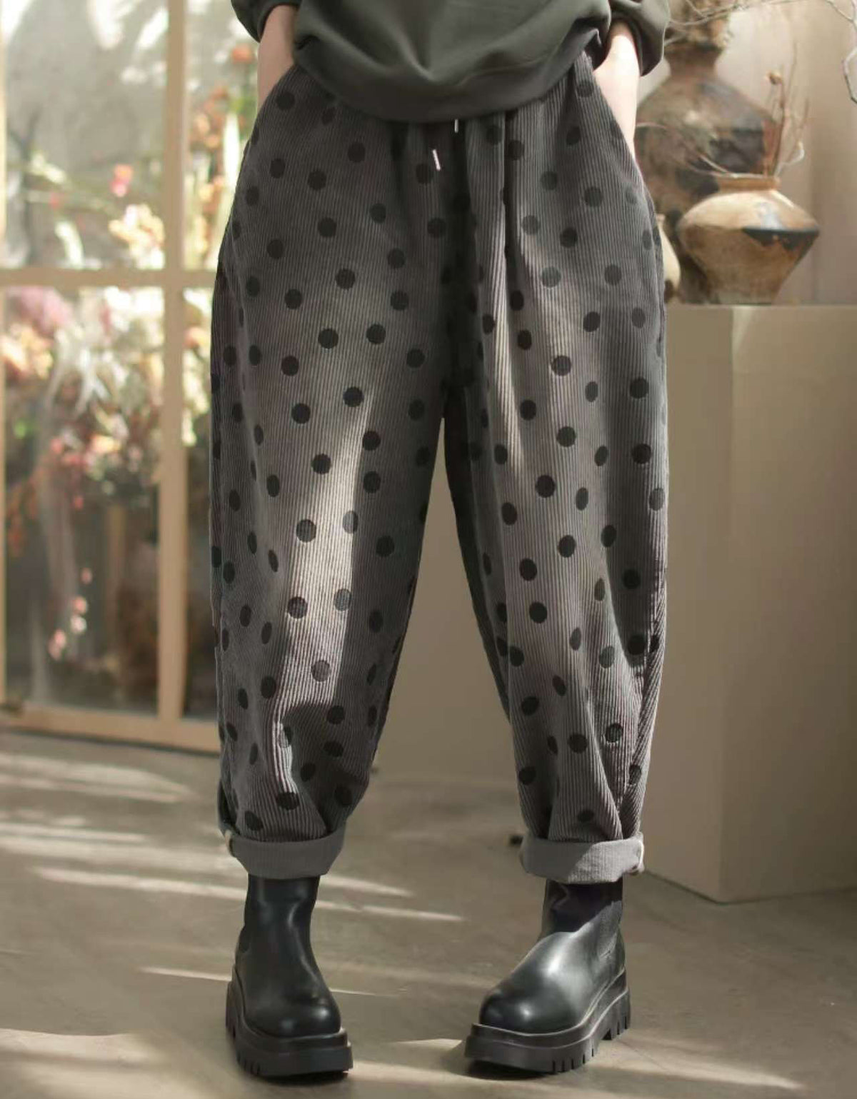 Relaxed Fit Polka Dot Corduroy Casual Pants for Women