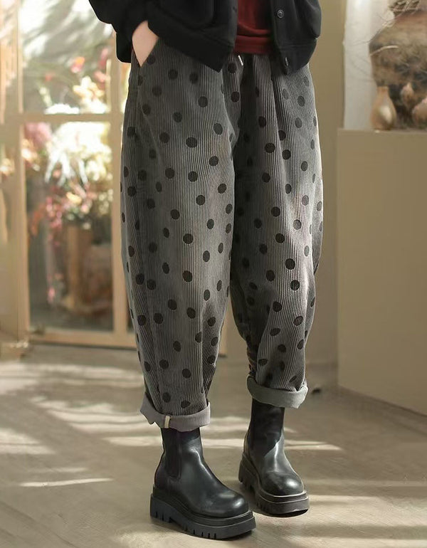 Relaxed Fit Polka Dot Corduroy Casual Pants for Women