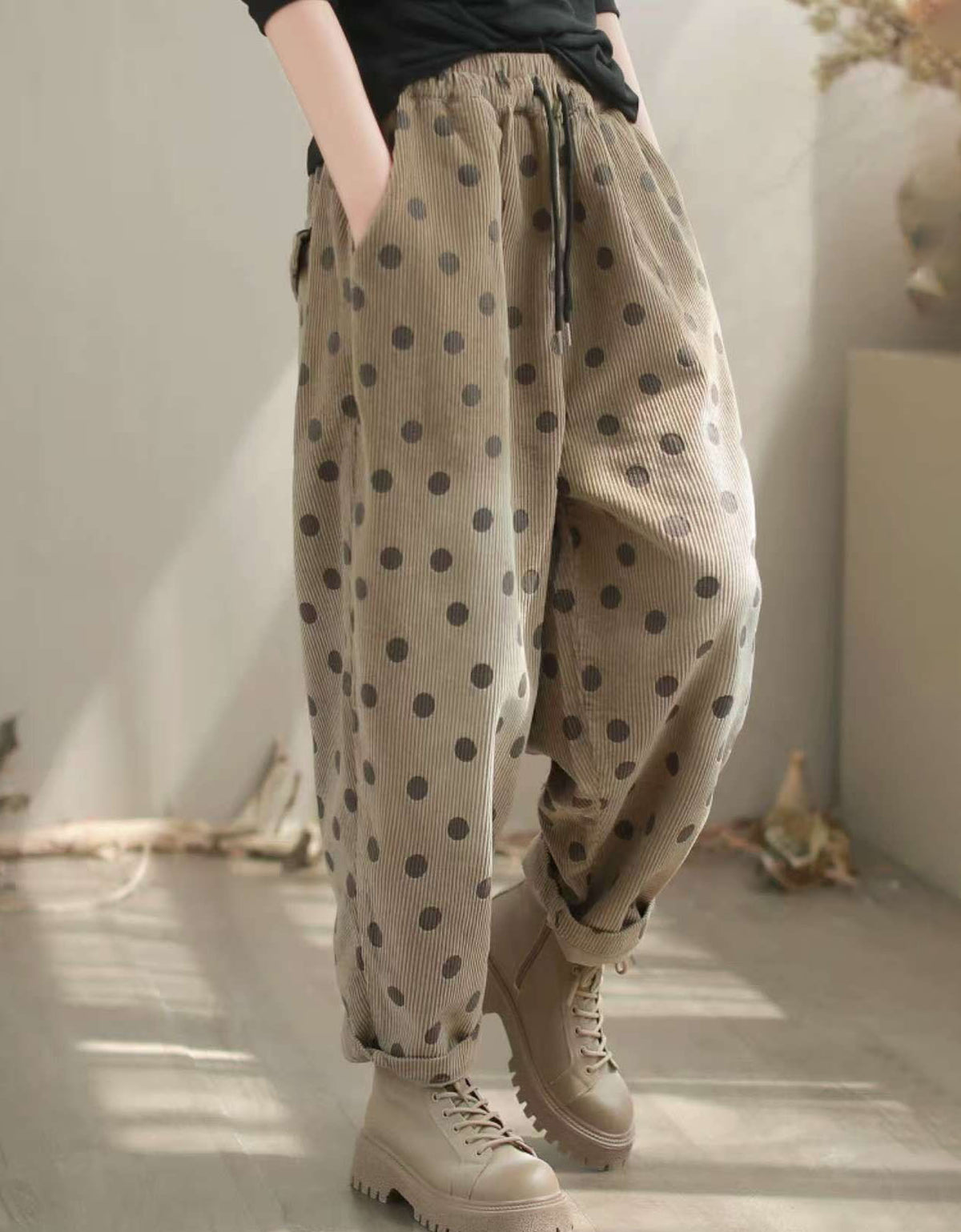 Relaxed Fit Polka Dot Corduroy Casual Pants for Women
