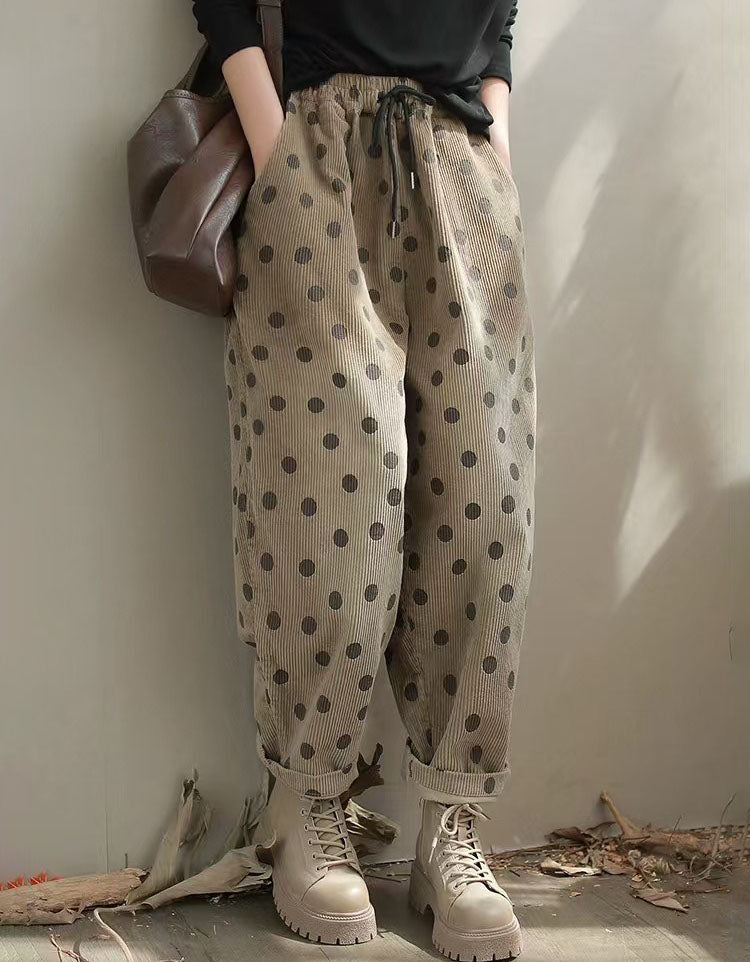 Relaxed Fit Polka Dot Corduroy Casual Pants for Women