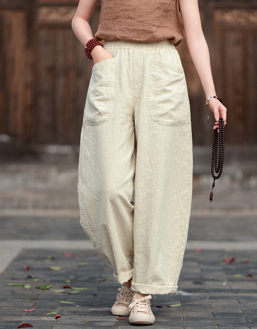 Relaxed Fit Retro High-Waist Linen Pants