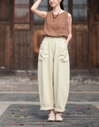 Relaxed Fit Retro High-Waist Linen Pants