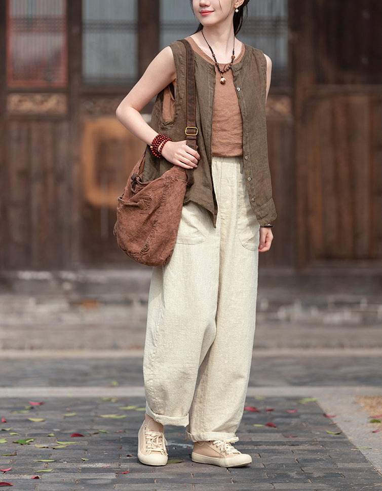 Relaxed Fit Retro High-Waist Linen Pants