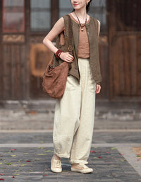 Relaxed Fit Retro High-Waist Linen Pants