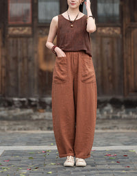 Relaxed Fit Retro High-Waist Linen Pants