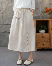 Relaxed Fit Side Button High Waist Linen Skirt