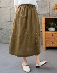 Relaxed Fit Side Button High Waist Linen Skirt