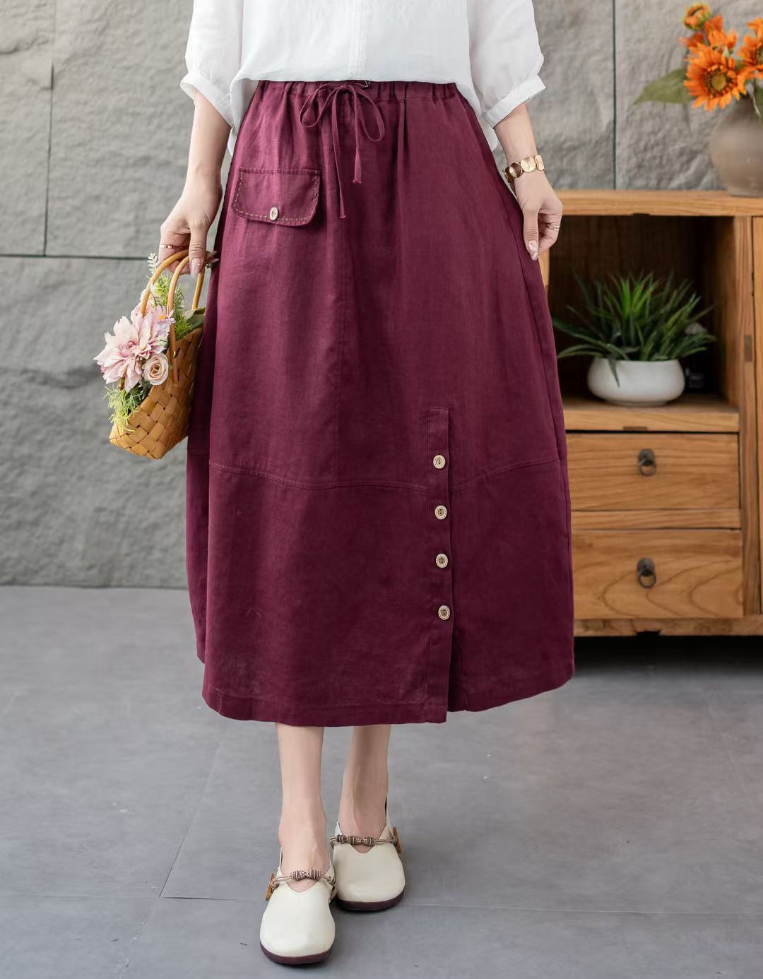 Relaxed Fit Side Button High Waist Linen Skirt