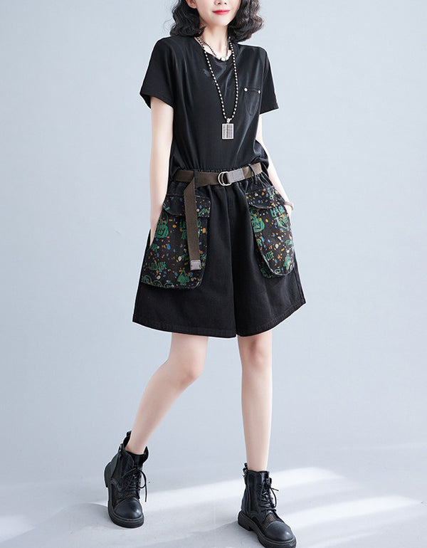 Relaxed Fit Wide-Leg Black Denim Shorts