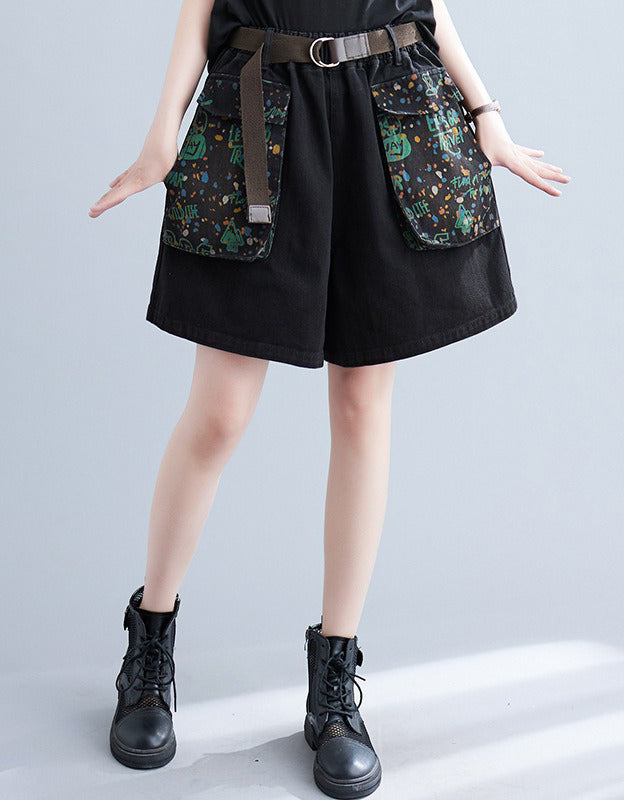 Relaxed Fit Wide-Leg Black Denim Shorts