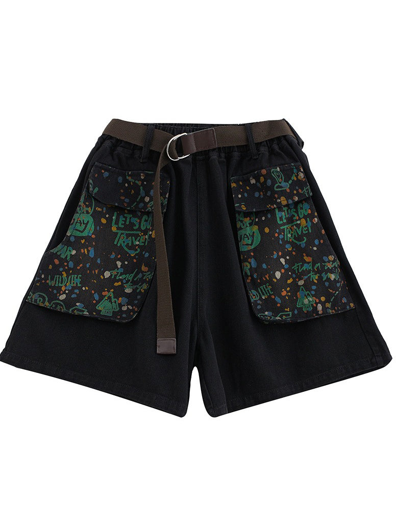 Relaxed Fit Wide-Leg Black Denim Shorts