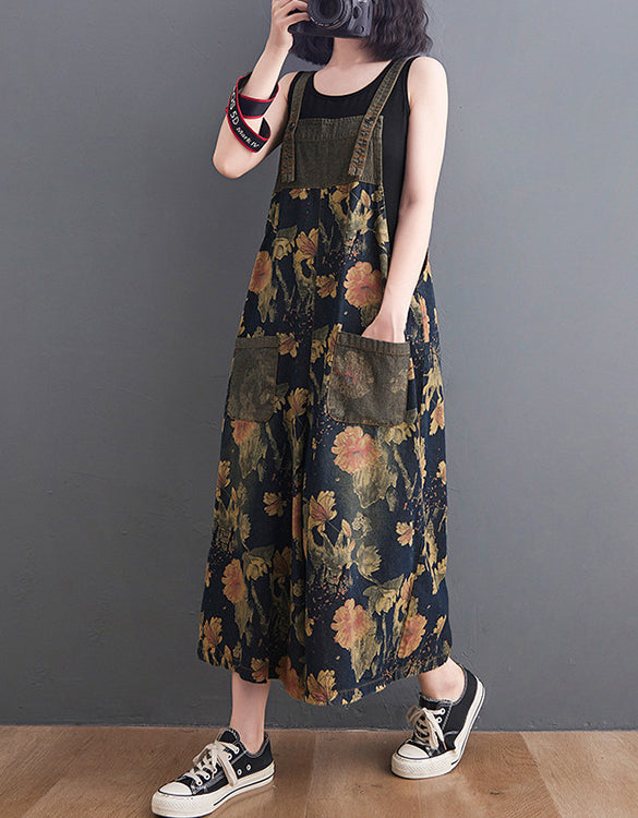Relaxed Fit Wide Leg Floral Denim Jumpsuit