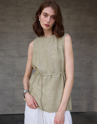 Women minimalist sleeveless linen tie waist top front view