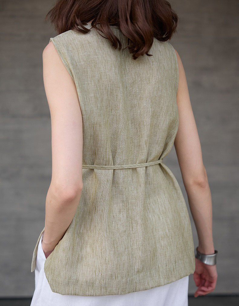 Women Minimalist Sleeveless Linen Tie Waist Top