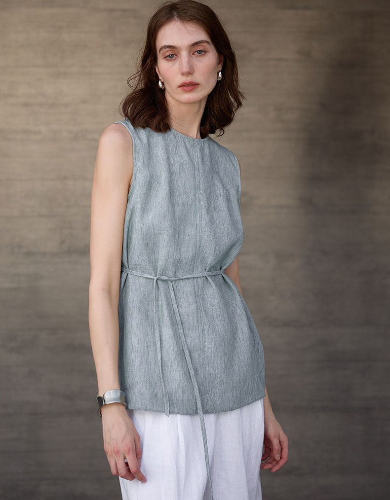 Neutral tone linen sleeveless women tank blouse