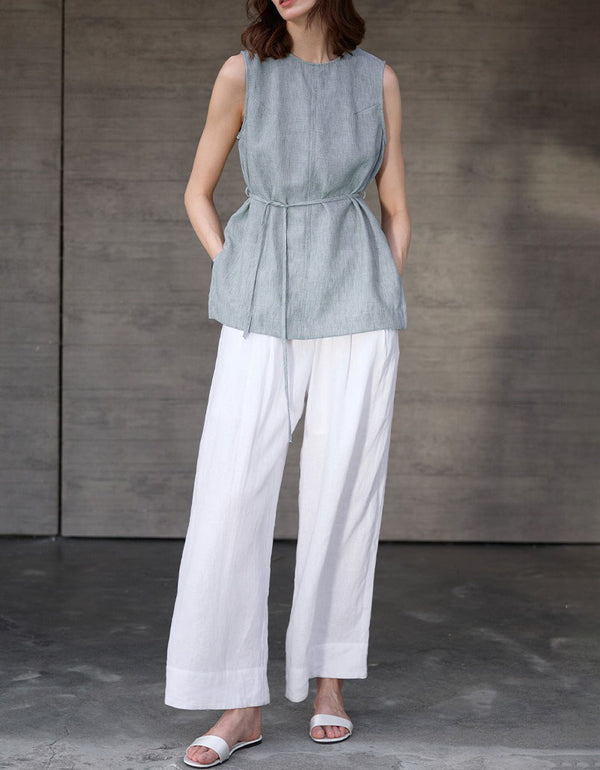 Casual neutral sleeveless linen blouse for women